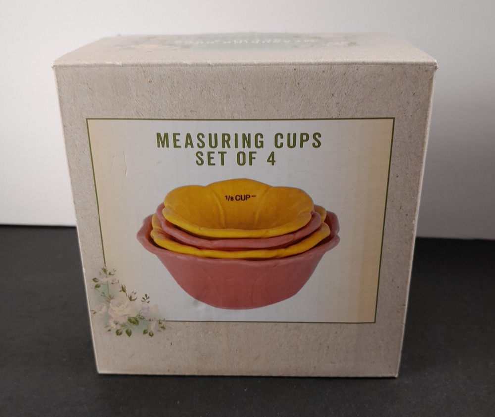 SET 4 CRACKER BARREL Stoneware Floral Measuring Cup Nesting Bowls